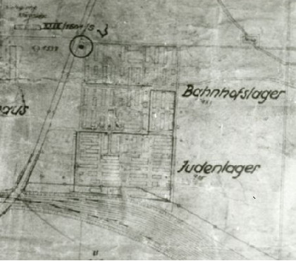 Werkluftschutzplan z maja 1944 roku z zaznaczonymi obozami Judenlager i Bahnhofslager