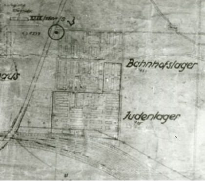 Werkluftschutzplan z maja 1944 roku z zaznaczonymi obozami Judenlager i Bahnhofslager